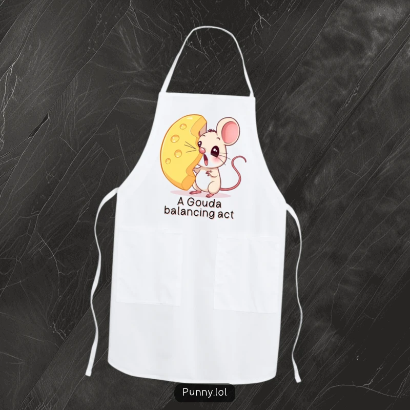 Funny mouse apron illustrating a surprised rodent balancing a massive cheese wheel on its nose, ready for culinary creativity.