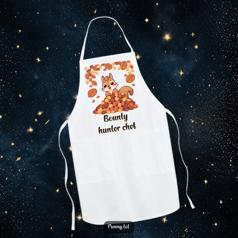 Funny apron illustration of a happy squirrel guarding a huge pile of nuts; a humorous and practical kitchen accessory.