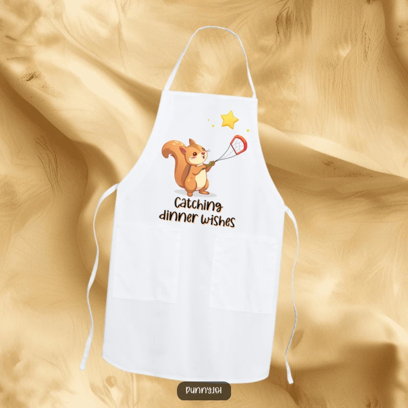 Funny Squirrel Apron: A squirrel wearing an apron uses a net to catch a falling star, possibly while cooking.