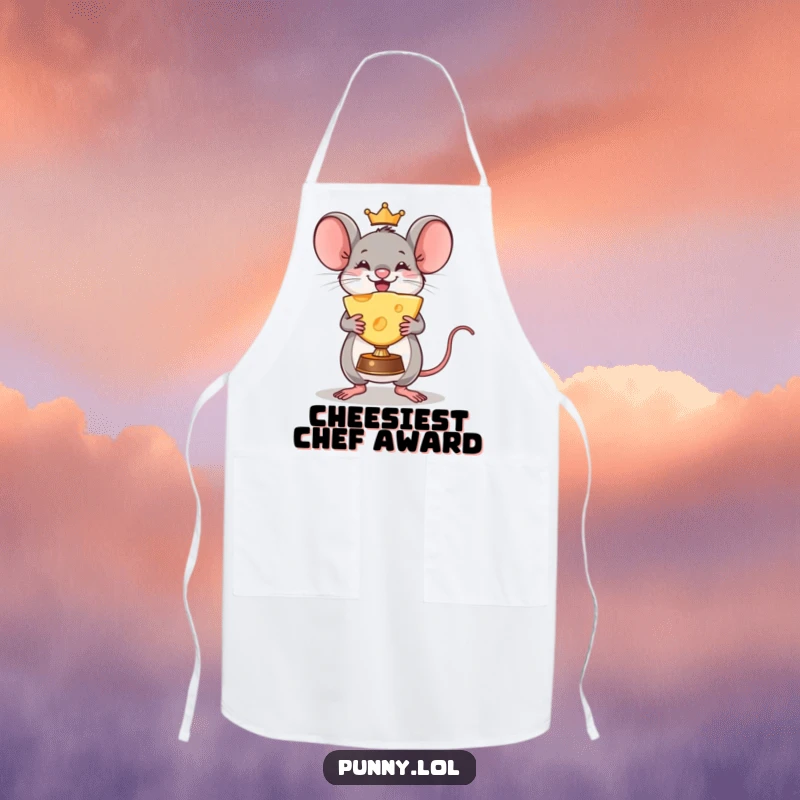 Funny Mouse Apron: A triumphant mouse holds a giant cheese wedge trophy while cooking, bringing comical victory to the kitchen.