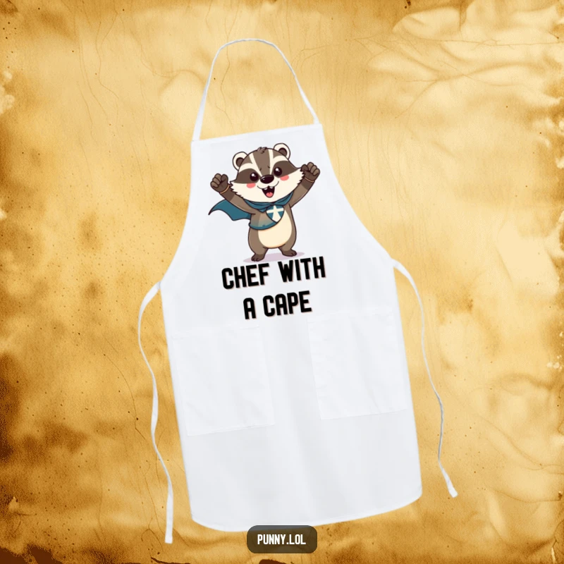 Funny apron showcasing a triumphant badger wearing a superhero cape, striking a heroic pose, designed for kitchen protection with style.
