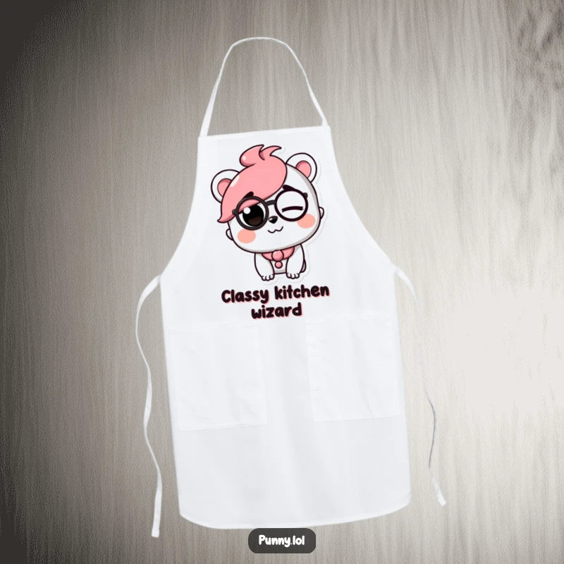 Funny apron showing a playful character with a monocle, winking with a raised eyebrow, ideal for a witty cook.