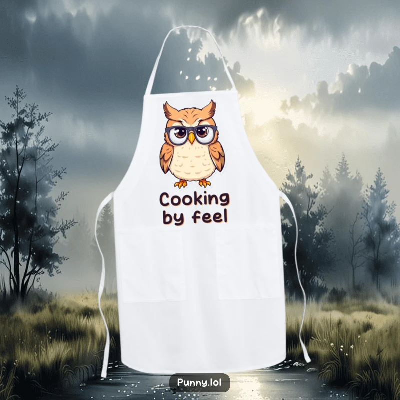 Funny apron illustration of a confused owl wearing glasses upside down on its beak; a humorous and practical kitchen accessory.