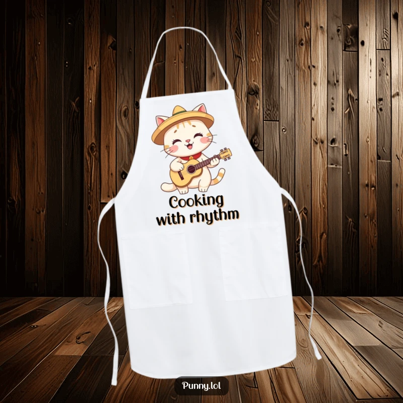 Funny apron depicting a smiling cat wearing a small sombrero and playing a miniature guitar, perfect for cooking.