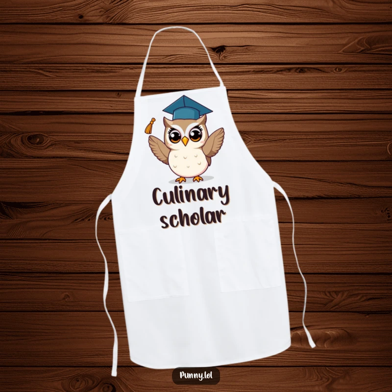 Funny apron showcasing a proud owl in a graduation cap, tossing its tassel, ideal for celebrating achievements in the kitchen.