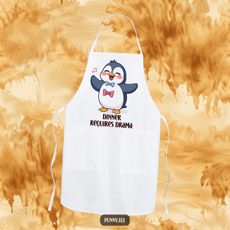 Funny apron showcasing a silly penguin wearing a bowtie, attempting to sing opera, designed for kitchen fun and protecting clothes.