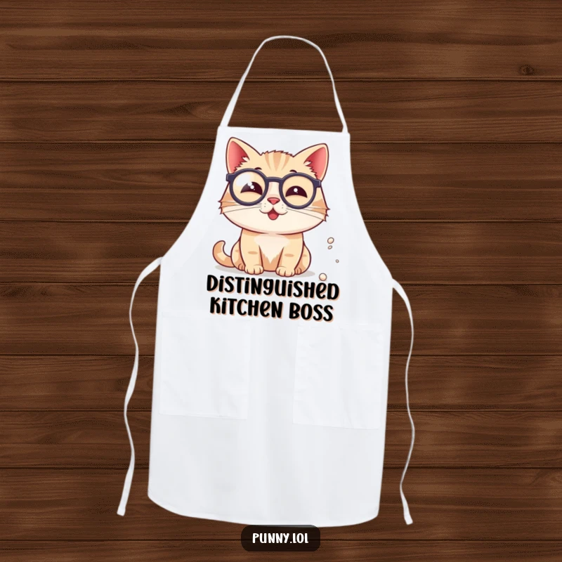 Funny Cat Apron: A cat wearing a monocle and apron meticulously inspects a speck of dust, possibly in the kitchen.