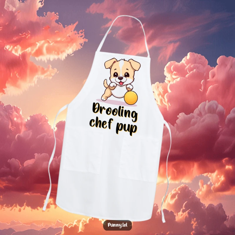 Funny apron illustration of an excited puppy leaping for a bouncing ball; a humorous and practical kitchen accessory.