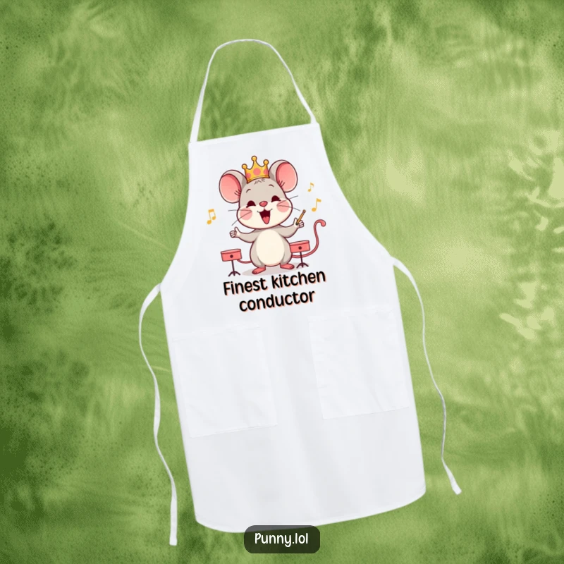 Funny mouse wearing a crown and apron, conducting an orchestra, a humorous kitchen essential for musical chefs.