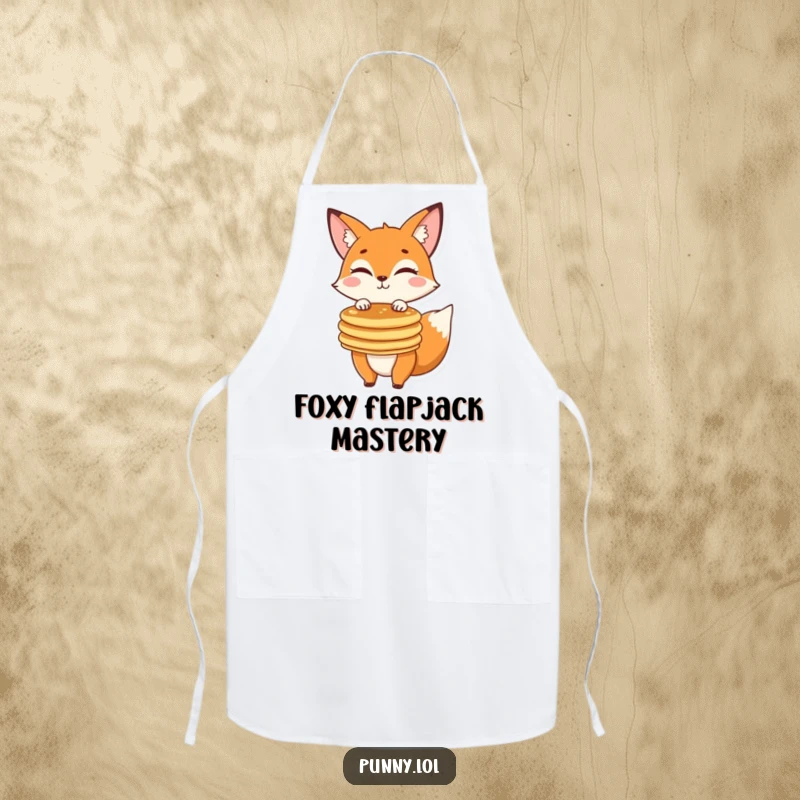 Funny fox winking, wearing a chef hat and apron, balancing pancakes, a humorous kitchen essential for cooking.