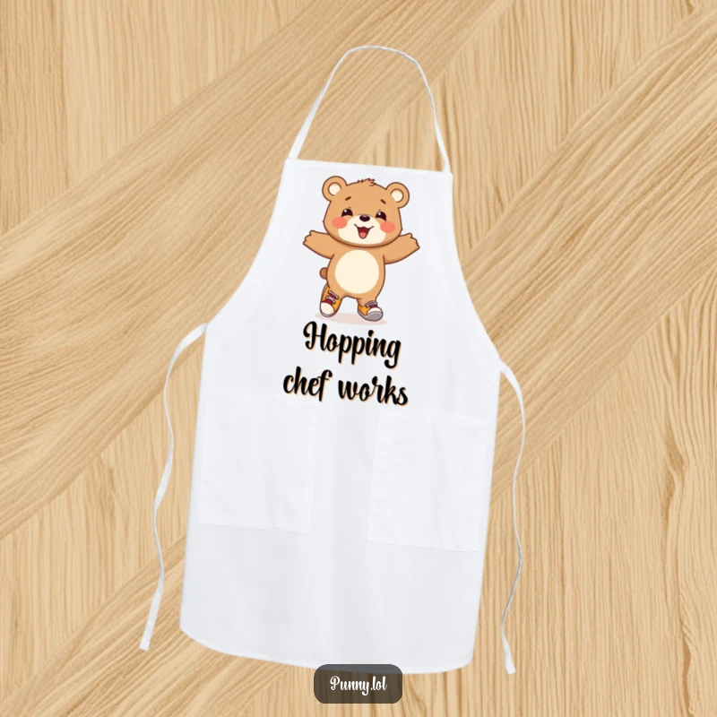Funny Bear Cub Apron: A beaming bear cub hops happily while cooking, wearing mismatched shoes for comical kitchen joy.