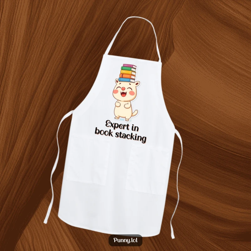 Funny apron showing a creature balancing books on its nose, perfect for a humorous kitchen accessory.