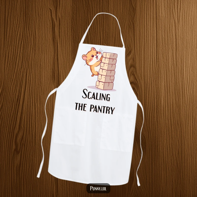 Funny hamster apron illustrating a determined rodent climbing a tall block, ready for kitchen challenges.