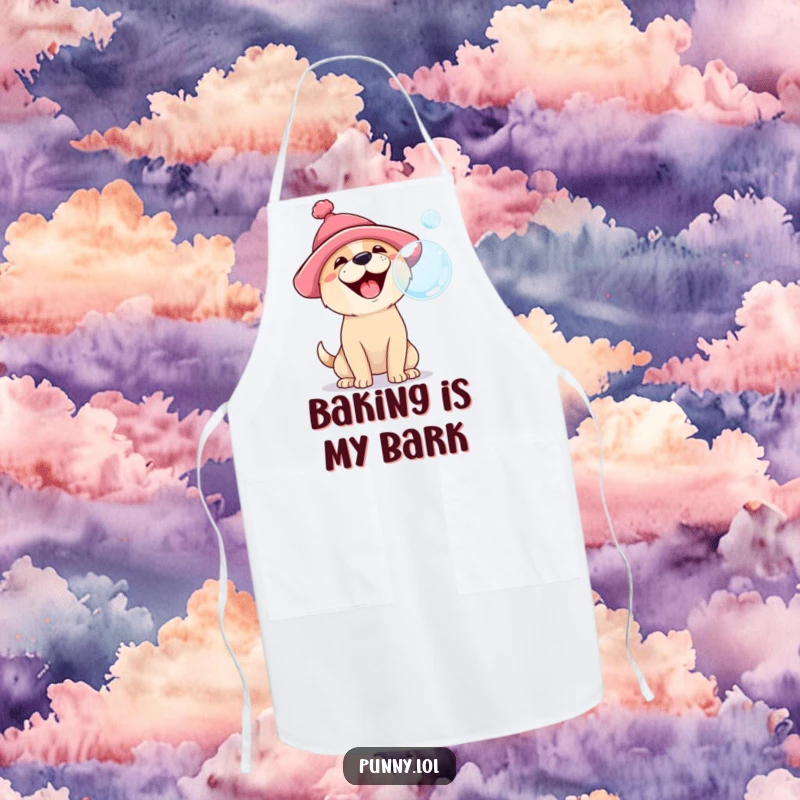 Funny apron showcasing a happy dog wearing a silly hat, barking at a floating bubble, designed for kitchen fun and protecting clothes.