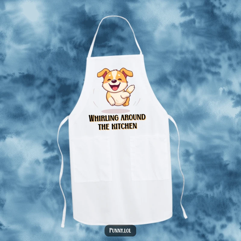 Funny Dog Apron showing a happy, dizzy dog chasing its tail in an overjoyed circle, ideal for kitchen fun and a funny gift.