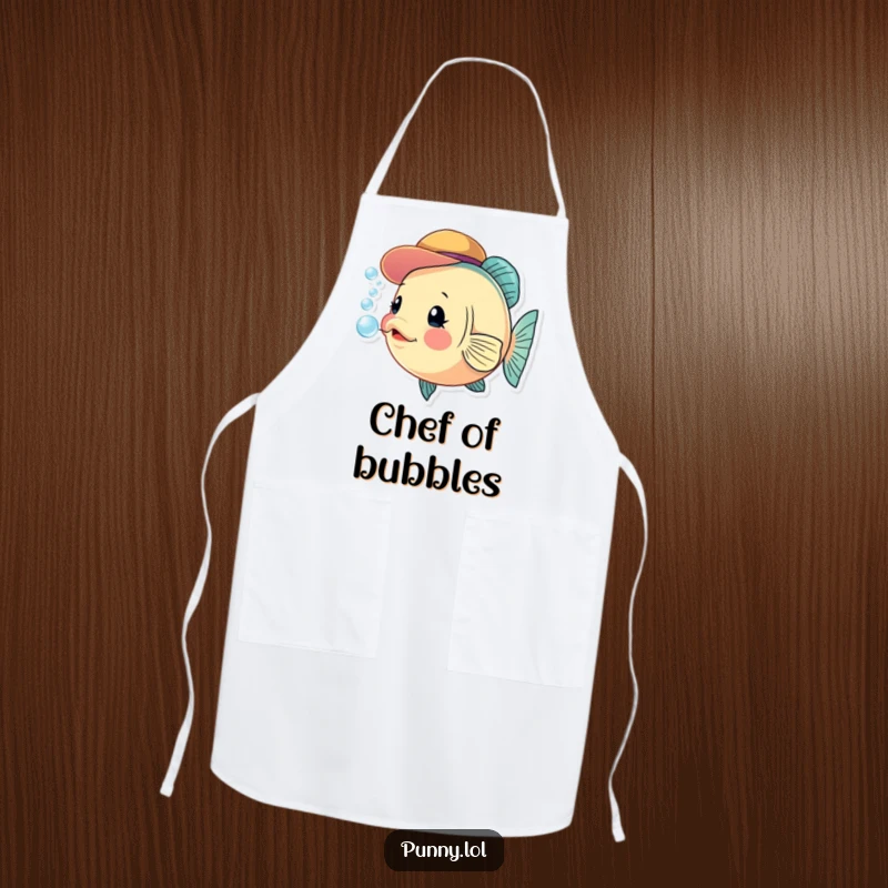 Funny fish apron featuring a curious fish in a small hat blowing bubbles, perfect for a humorous kitchen experience.