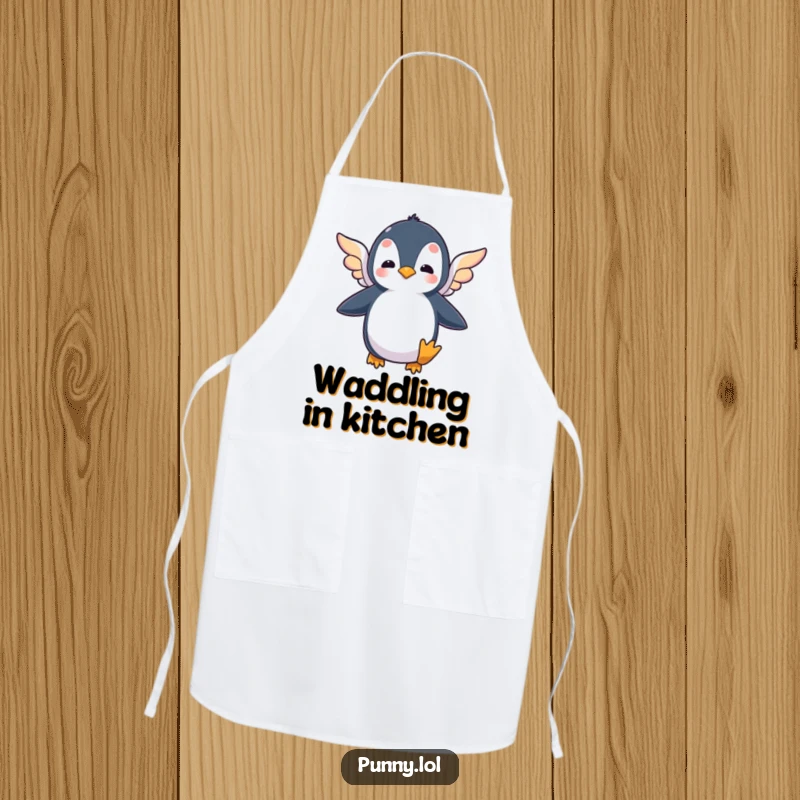 Funny apron showcasing a silly penguin flapping tiny wings in a comical attempt to fly, ideal for kitchen adventures.