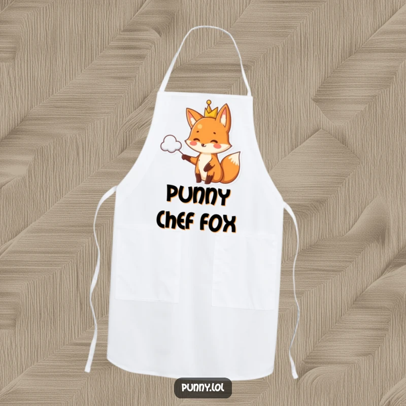 Funny fox apron wearing a crown, pointing to a pun-shaped cloud, a humorous kitchen accessory for cooks.