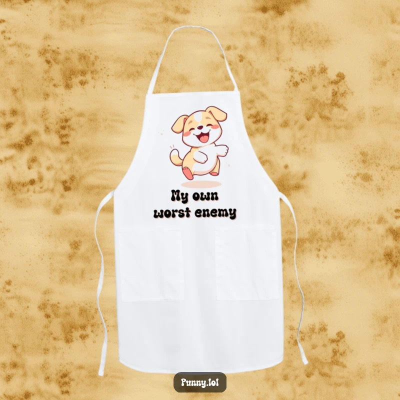 Funny dog apron illustrating a happy puppy comically chasing its tail in a circular motion while protecting its wearer.