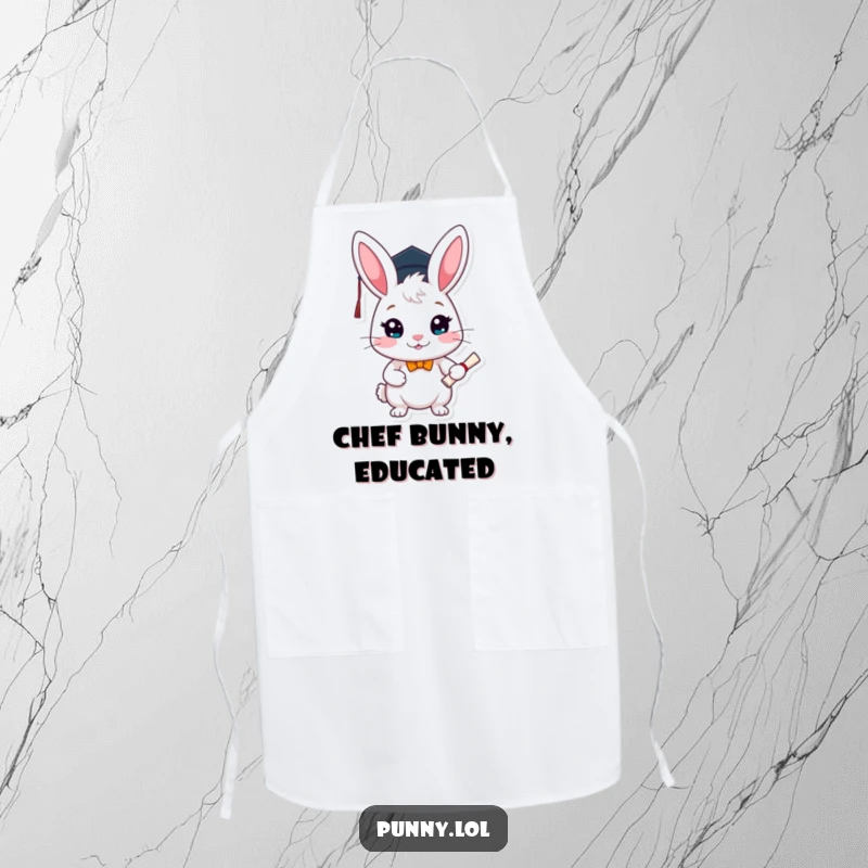 Funny graduation apron featuring a happy rabbit in a graduation cap, holding a diploma while ready to cook or bake.