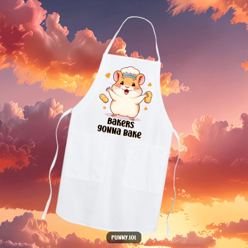 Funny hamster chef apron showing a hamster in a chef hat juggling miniature loaves of bread. Humorous kitchen protection.