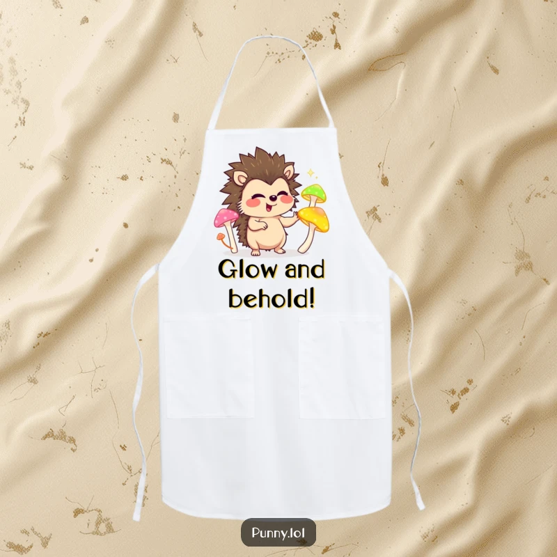 Funny apron depicting a gleeful hedgehog character juggling luminous mushrooms, ideal for humorous culinary endeavors.