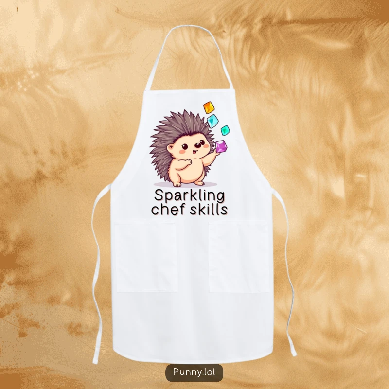 Funny apron with a hedgehog skillfully juggling sparkling gems with its quills, perfect for kitchen creativity and protection.