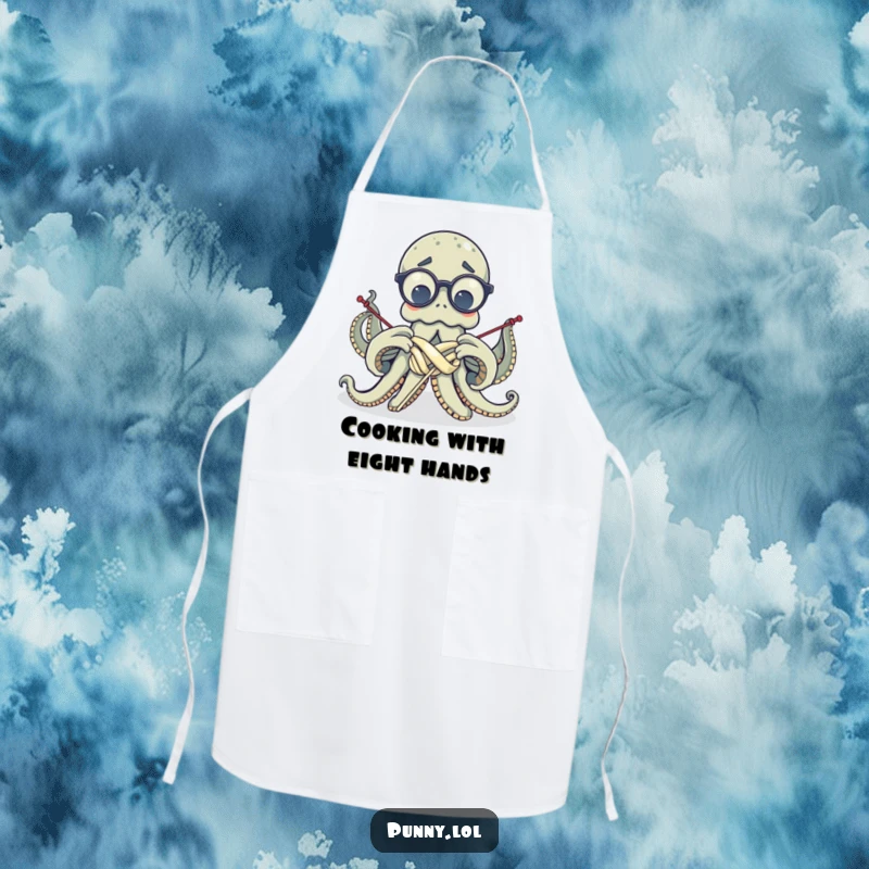 Kitchen apron adorned with a funny octopus wearing glasses, arms in a tangle, trying to knit, perfect for humorous cooks.