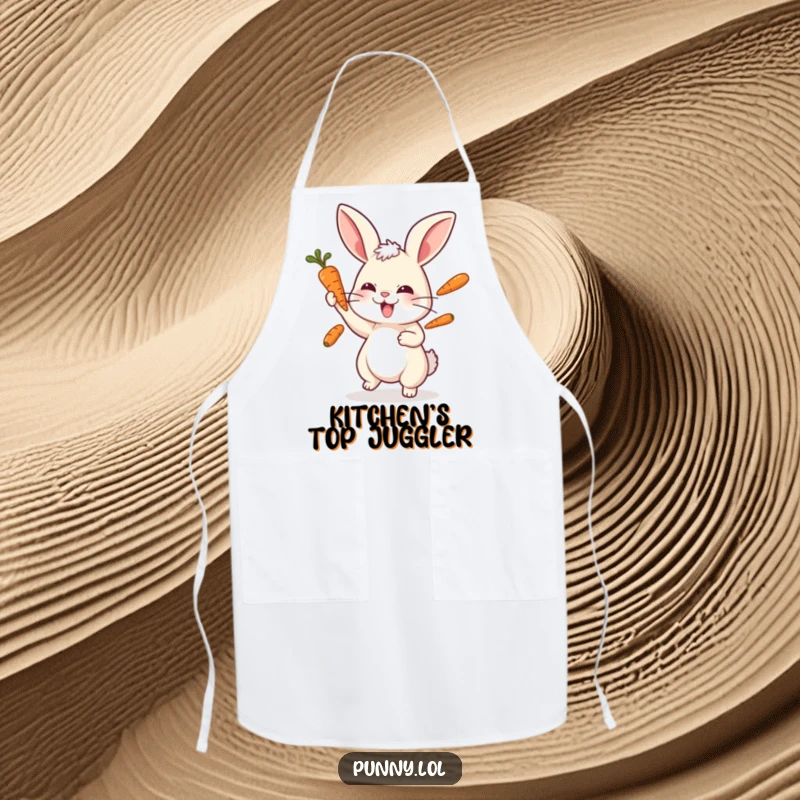 Funny rabbit apron illustrating a playful bunny juggling three carrots, ready for kitchen creativity.