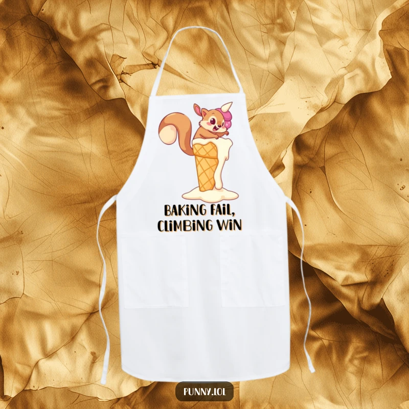 Funny Squirrel Apron showing a determined squirrel trying to climb a giant, melting ice cream cone, ideal for kitchen fun and a funny gift.