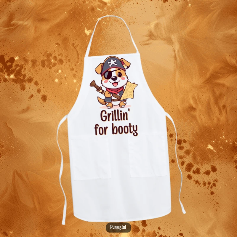 Funny apron featuring a pirate dog in a hat, holding a treasure map, ideal for adding humor to cooking and grilling.