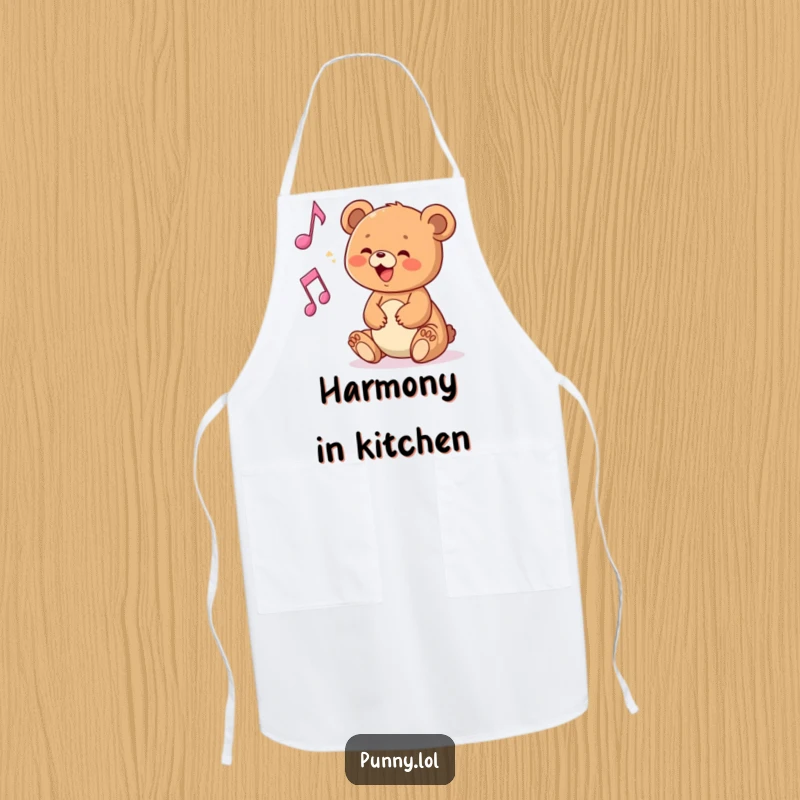 Funny apron with a bear cub playing with a musical note, ideal for cooking and baking.