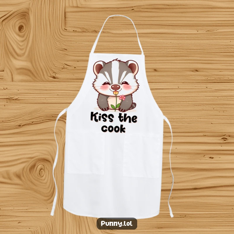 Funny apron depicting a grinning badger blowing a kiss that transforms into a small flower, perfect for a romantic kitchen.