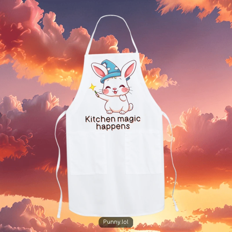 Funny apron with a rabbit in a wizard hat conjuring a sparkle, ideal for magical cooking.
