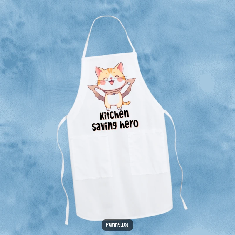 Funny apron graphic: a happy cat in a cape and cardboard wings leaps as if flying, perfect for a heroic cook.