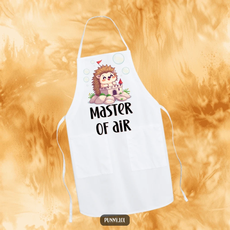 Funny apron depicting a happy hedgehog building a castle out of iridescent bubbles, perfect for a whimsical kitchen.