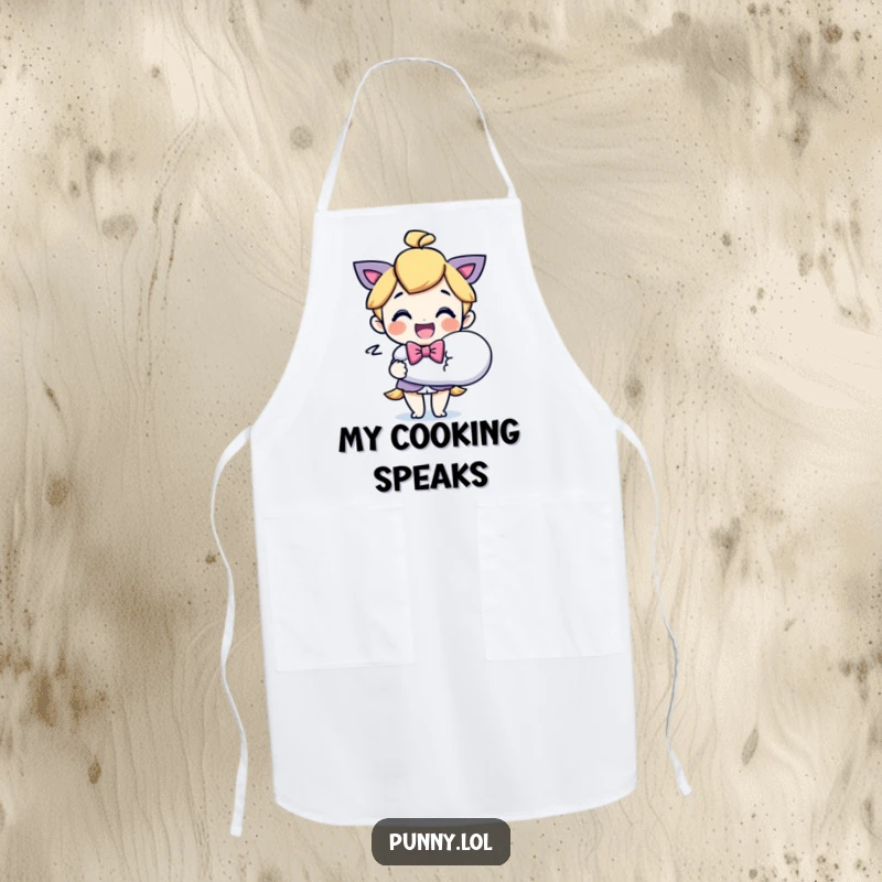 Funny Bowtie Character Speech Bubble Apron: A humorous cooking apron depicting a character in a bowtie holding a large speech bubble. Protects clothes.