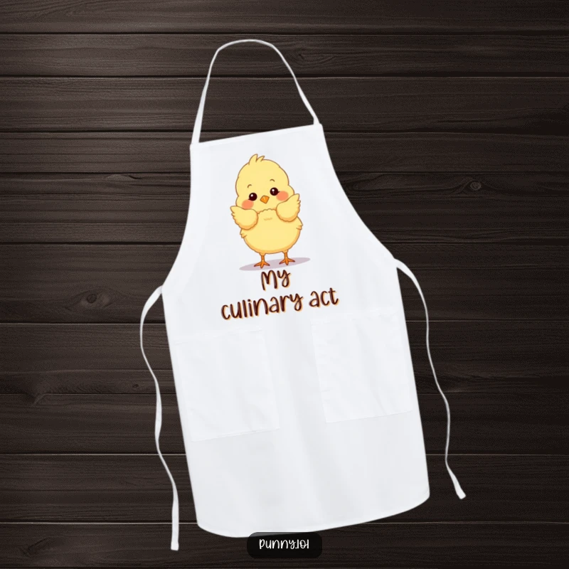 Funny chick apron featuring a fluffy bird taking a theatrical stage bow, perfect for adding humor to cooking.