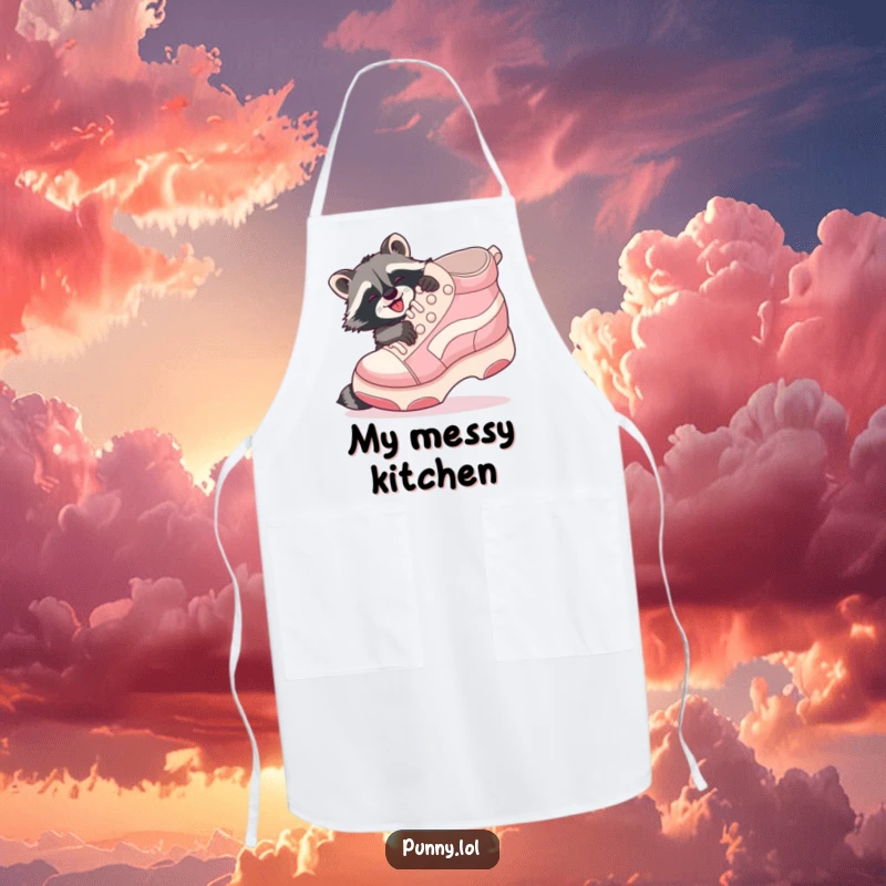 Funny Raccoon Shoe Hug Apron: A playful raccoon gleefully hugs a giant inflatable shoe, ready for kitchen duty.