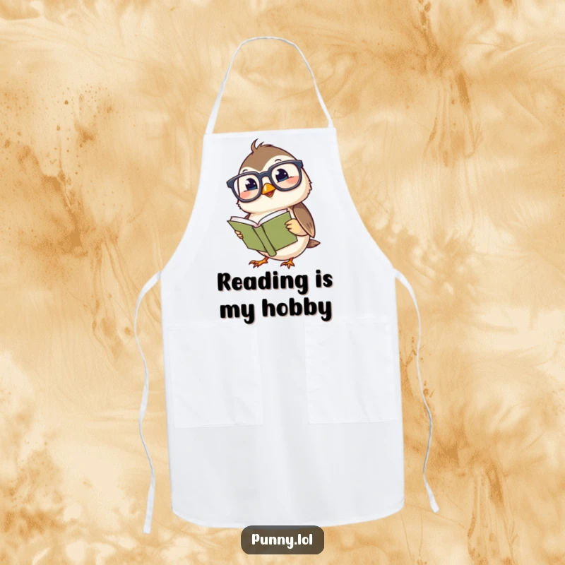 Funny apron featuring a giggling chickadee in oversized spectacles, holding a tiny book, ideal for a humorous kitchen setting.