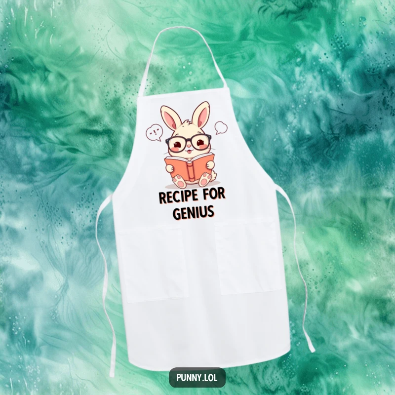 Funny apron featuring a cheerful rabbit with glasses, reading a book with amusing word bubbles, perfect for kitchen fun.