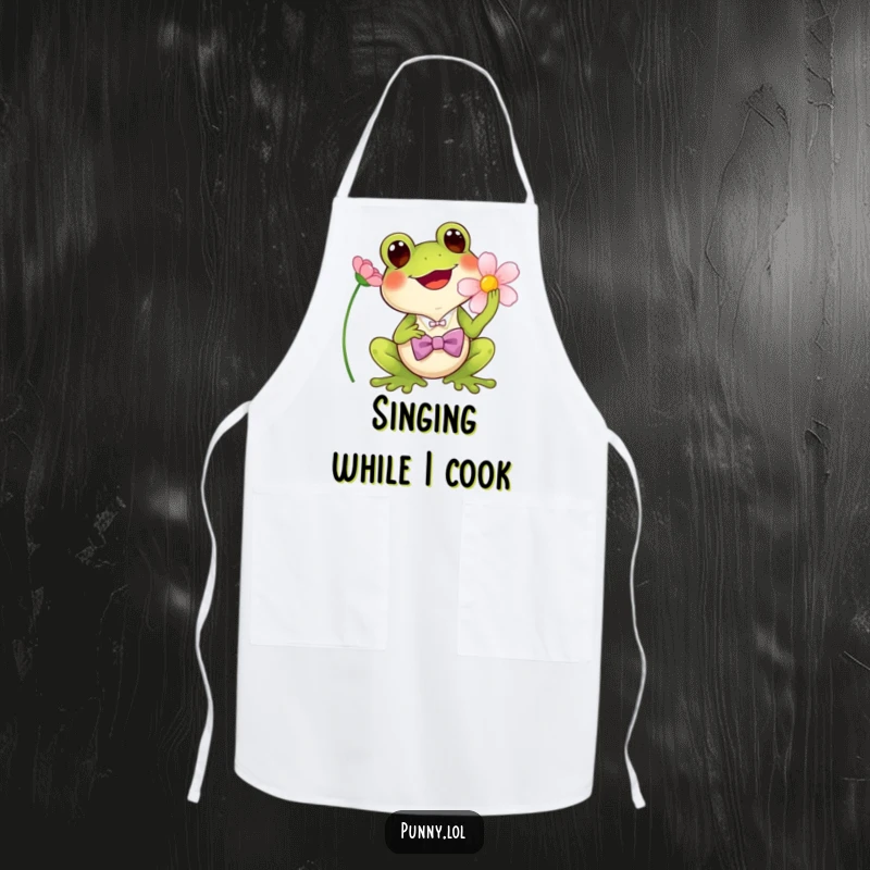 Funny Apron: Kitchen wear depicting a cheerful frog in a bowtie, singing into a flower.