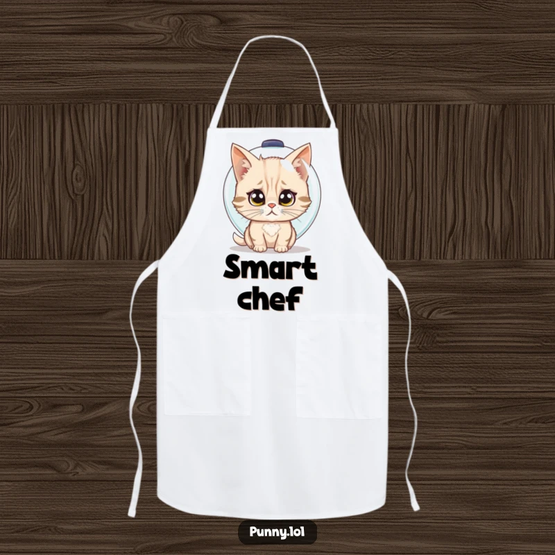 Funny apron showing a confused cat trying to wear a fishbowl as a helmet, a comical kitchen accessory.
