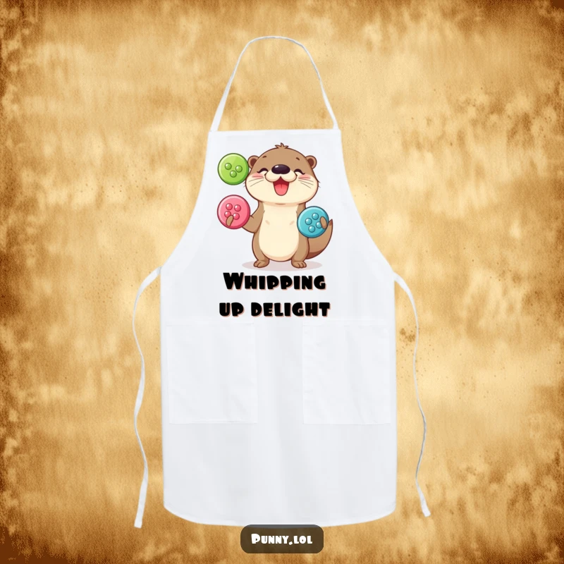 Funny Apron: Kitchen wear depicting a playful otter juggling large, shiny buttons.