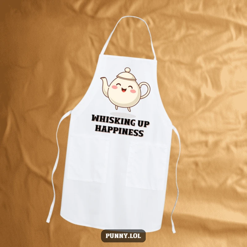 Funny kitchen apron showcasing a happy, steaming teapot character dancing while preparing a delicious meal.