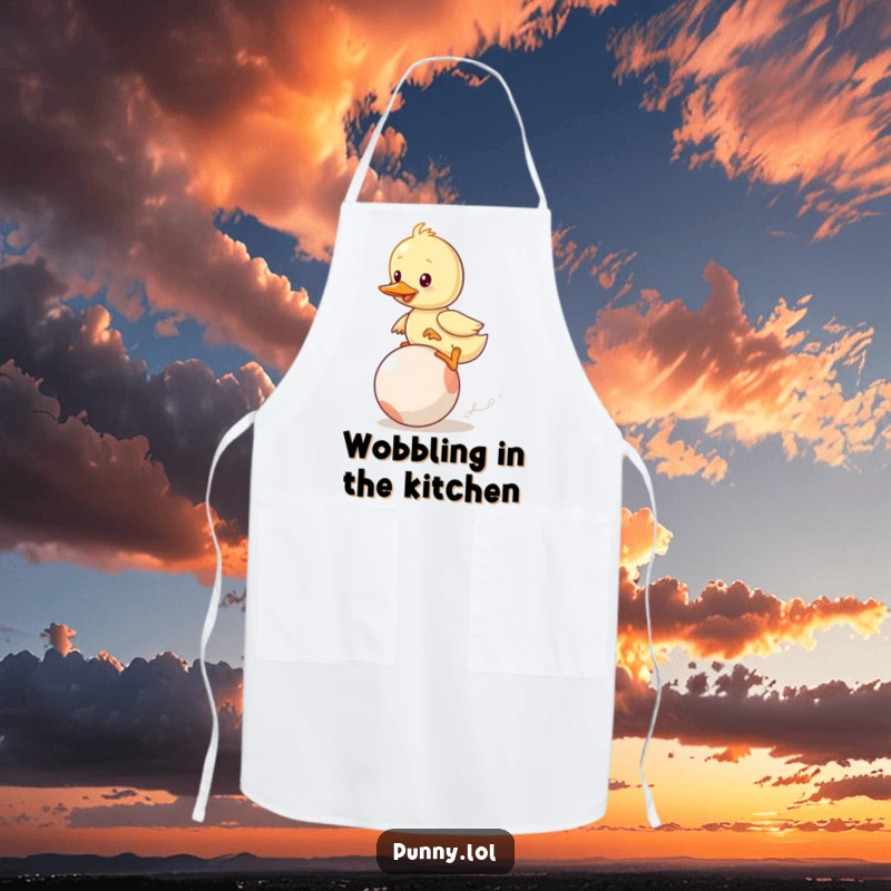 Funny Duckling Apron: A wobbly duckling hilariously attempts to ride a bouncing ball while cooking, adding comical flair to the kitchen.