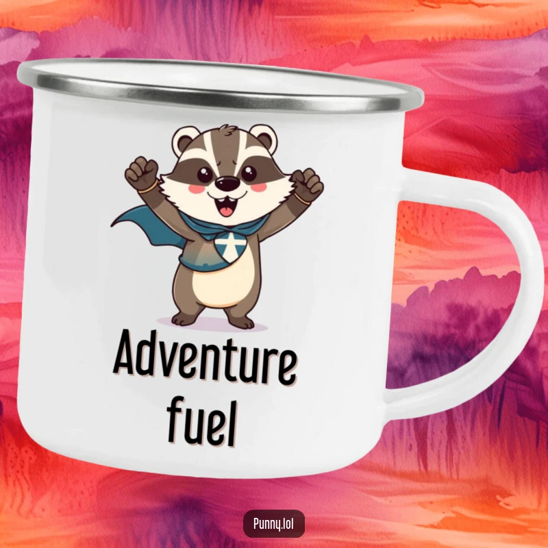 Funny, rugged camping mug showcasing a triumphant badger wearing a superhero cape, striking a heroic pose, ideal for outdoor bravery.