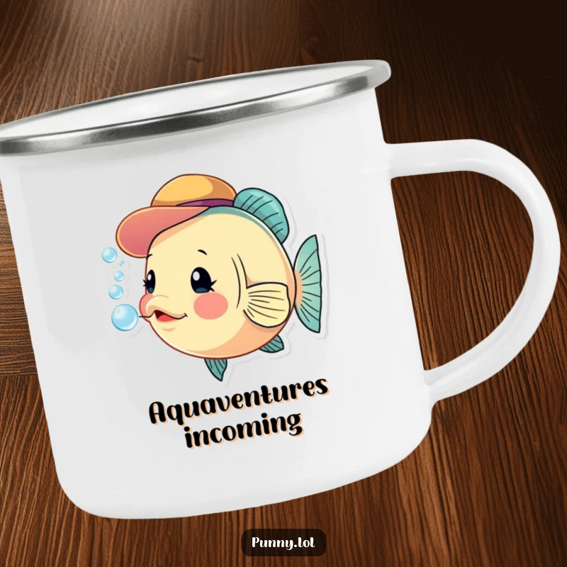 Funny fish camping mug showing a curious fish wearing a hat and blowing bubbles, perfect for outdoor enthusiasts.
