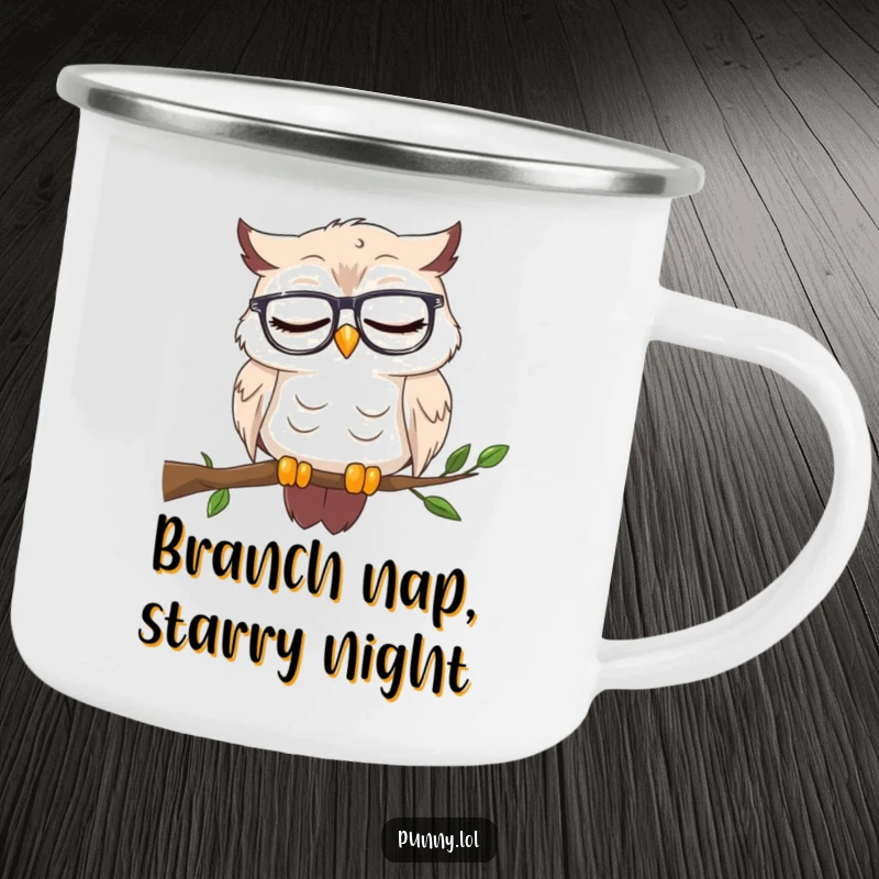 Funny camping mug featuring a sleepy owl with reading glasses dozing on a branch, ideal for enjoying beverages during relaxing outdoor trips.
