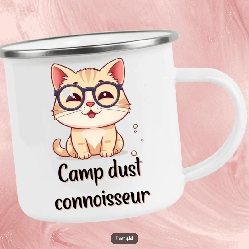 Funny Cat Camping Mug: A cat with a monocle heroically examines dust outdoors, bringing refined humor to camping.